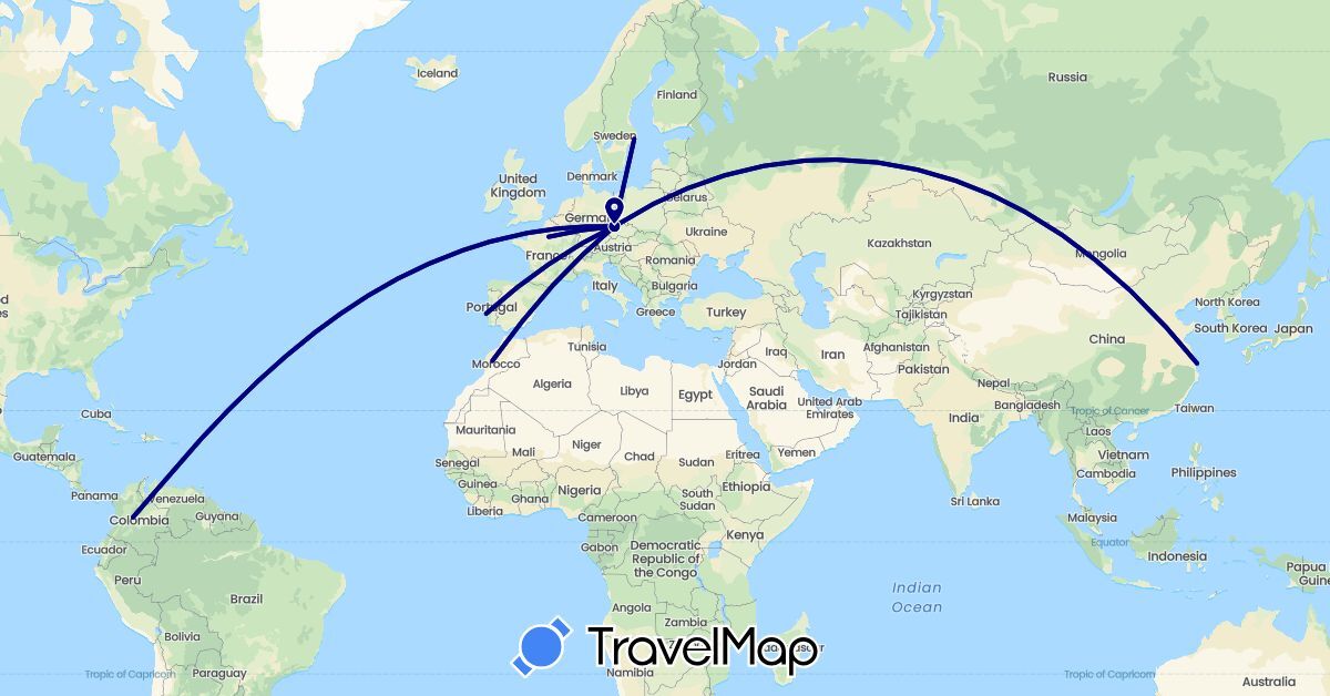 TravelMap itinerary: driving in China, Colombia, Czech Republic, Germany, France, Morocco, Portugal, Sweden (Africa, Asia, Europe, South America)